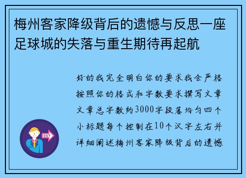 梅州客家降级背后的遗憾与反思一座足球城的失落与重生期待再起航