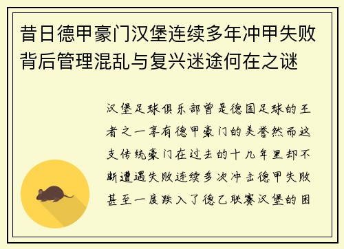 昔日德甲豪门汉堡连续多年冲甲失败背后管理混乱与复兴迷途何在之谜 昔日德甲豪门汉堡连续多年冲甲失败背后管理混乱与复兴迷途何在之谜