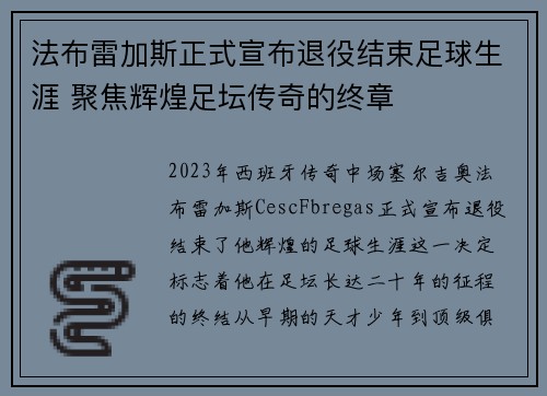 法布雷加斯正式宣布退役结束足球生涯 聚焦辉煌足坛传奇的终章 法布雷加斯正式宣布退役结束足球生涯 聚焦辉煌足坛传奇的终章