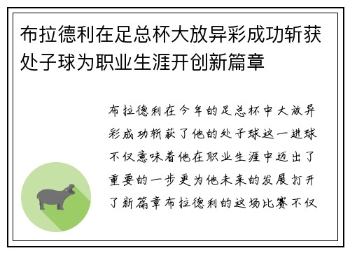 布拉德利在足总杯大放异彩成功斩获处子球为职业生涯开创新篇章 布拉德利在足总杯大放异彩成功斩获处子球为职业生涯开创新篇章